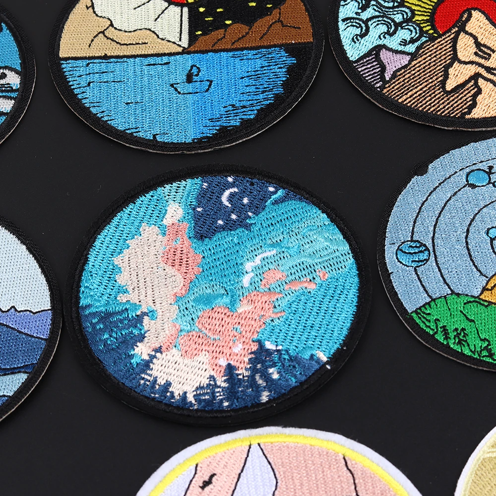 Round Landscape chart patches clothes Sew Iron Embroidered badge hat DIY Fashion  Accessories Ocean Valley Decoration Sticker