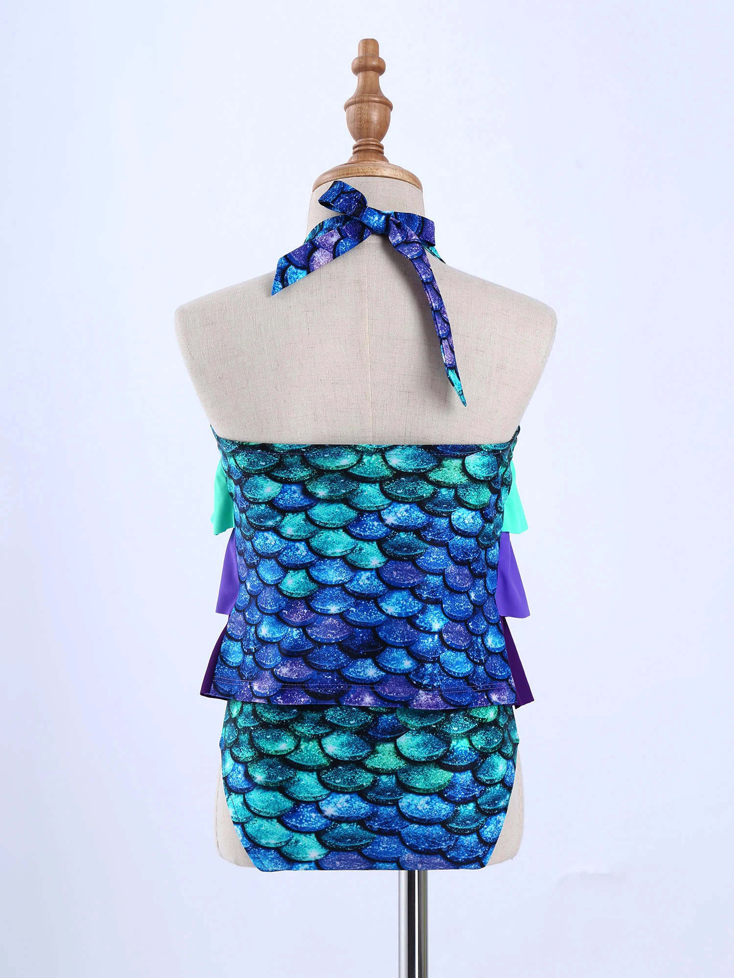 TiaoBug-traje de baño de sirena para niños y niñas, conjunto de Top y bragas con estampado de escamas de pescado, sin mangas, cuello Halter y volantes en capas, 2 piezas