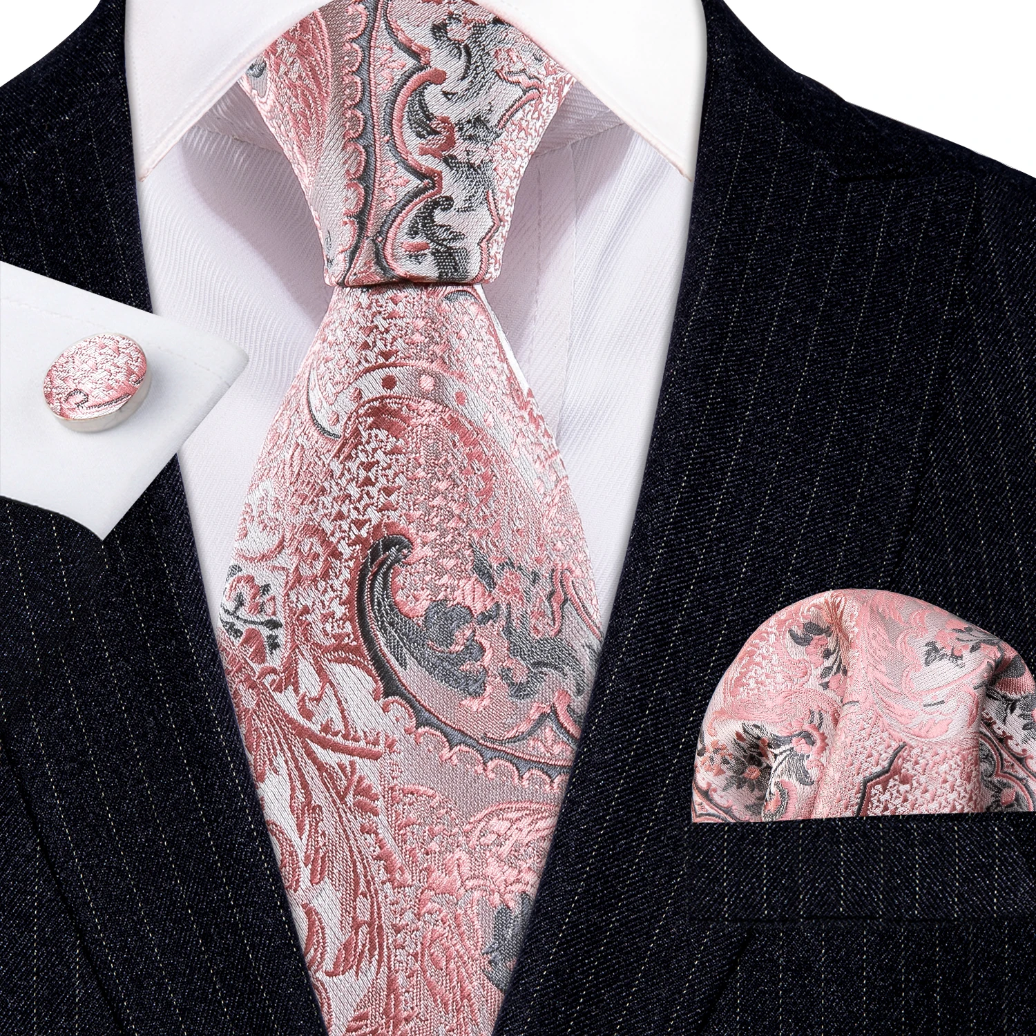 Pink Paisley Silk Floral Men Tie Wedding Gift Barry.Wang Designer NeckTie Handkerchief Cufflinks Set Business Groom LN-6007