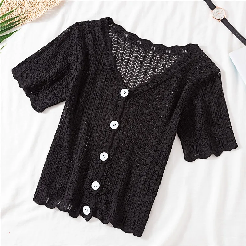 Pearl Diary Women Knitted Cardigan Crop Top Summer Short Sleeve V Neck Buttons Front Vintage Chevron Sweater Cardigan Slim Fit