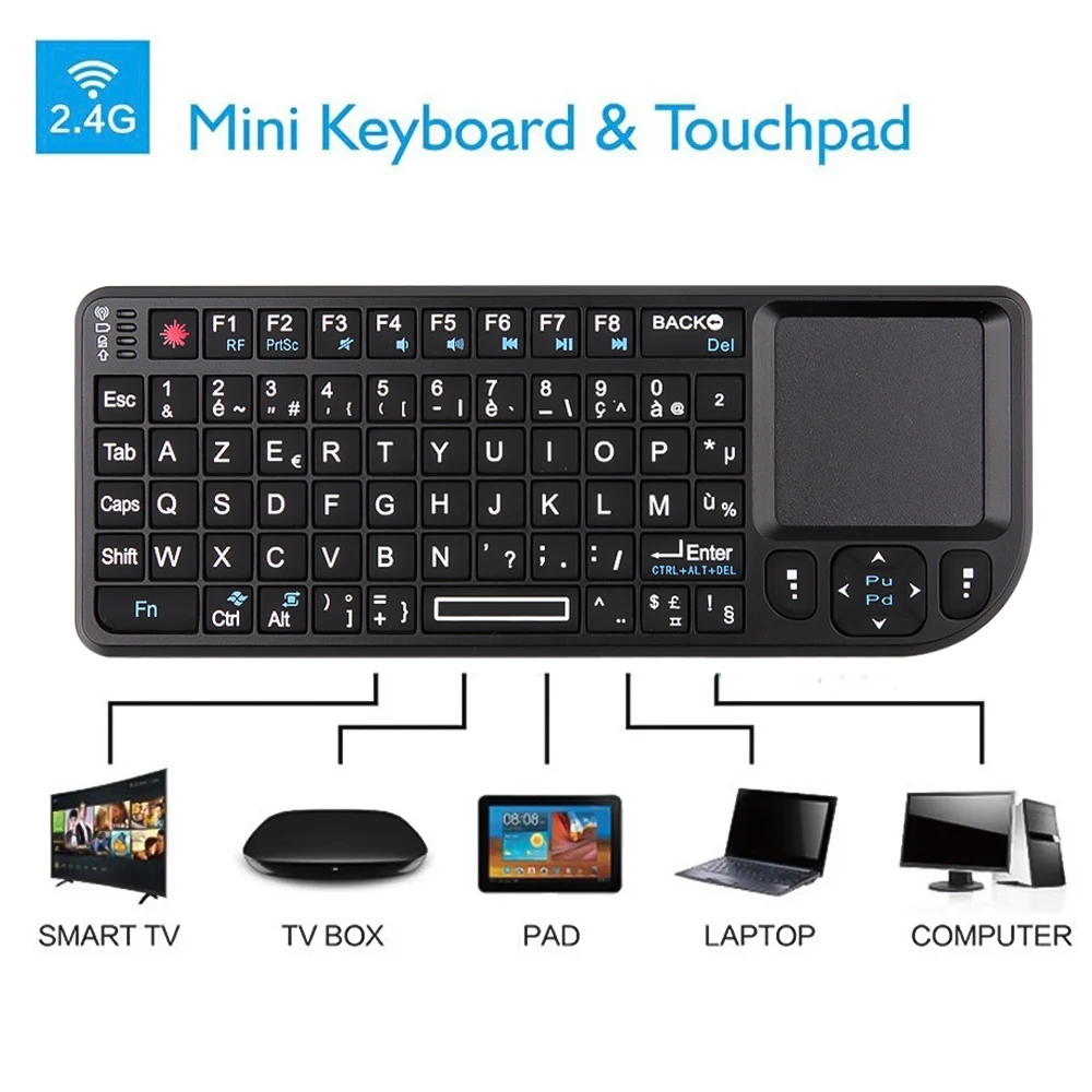 HOT Mini 2.4G RF Wireless Keyboard Spanish French Russian English Keyboard Backlight Touchpad Mouse for PC Notebook Smart Tv Box