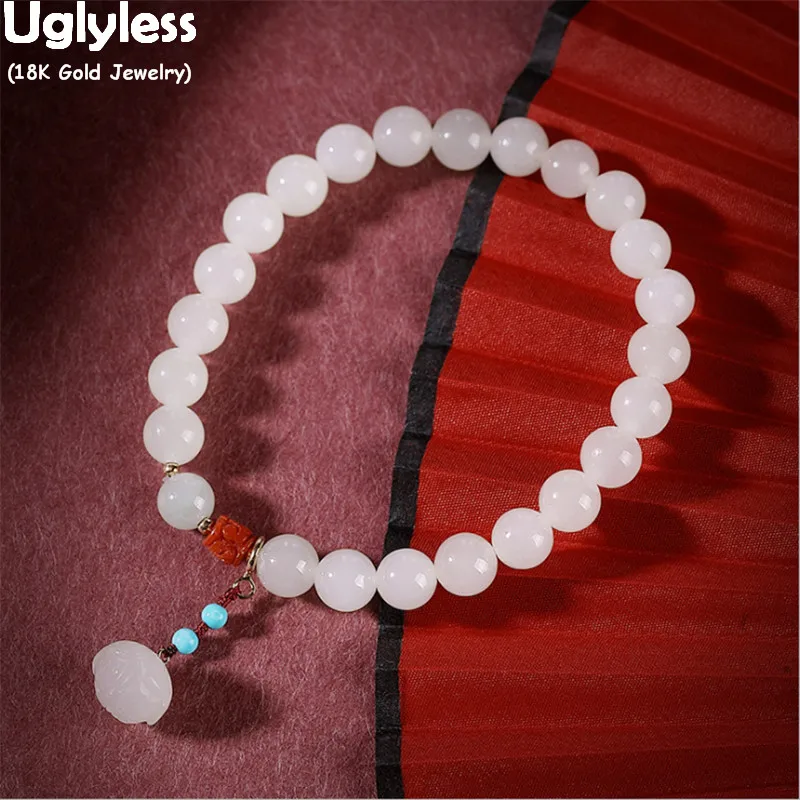 Uglyless Elastic Rope Gemstones Beading Bracelets for Women Luxury 18K Gold AU750 Bracelets Nature Jade Balls Lotus Fine Jewelry