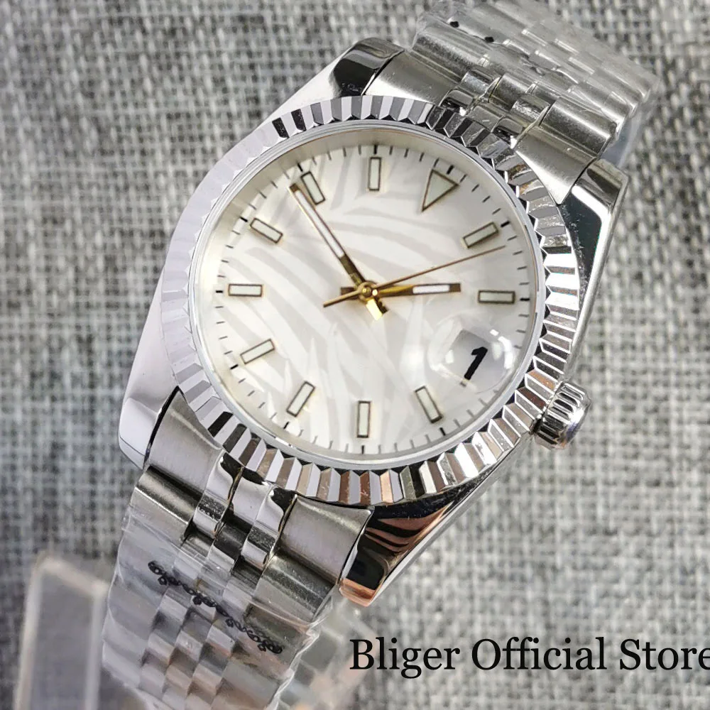 Imagem -02 - Bliger-relógio Mecânico Masculino Jubilee Band Parafuso Crown Baton Hand Jubilee Band Palm White Dial Nh35a 36 mm 39 mm