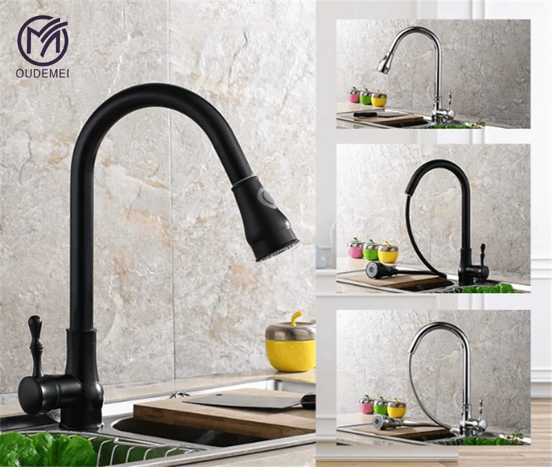 

Brass Deck Mounted Single Handle Hot and Cold Black Sink Tap Pull Out Kitchen Faucet