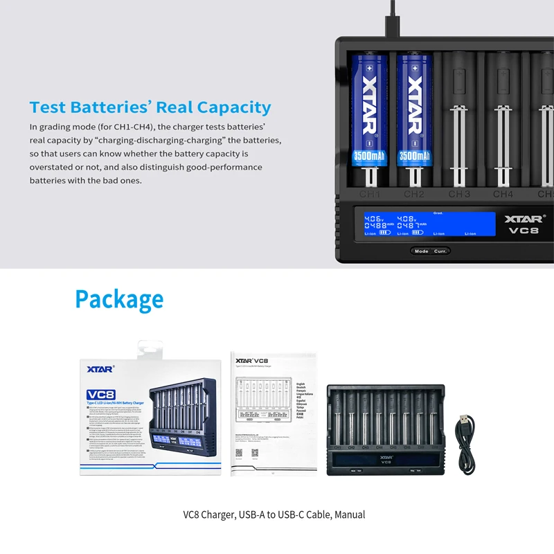 XTAR VC8 18650 Battery Charger USB C QC3.0 3A Fast Charging 21700 Rechargeable Li-ion Batteries 1.2V AAA AA Battery Charger