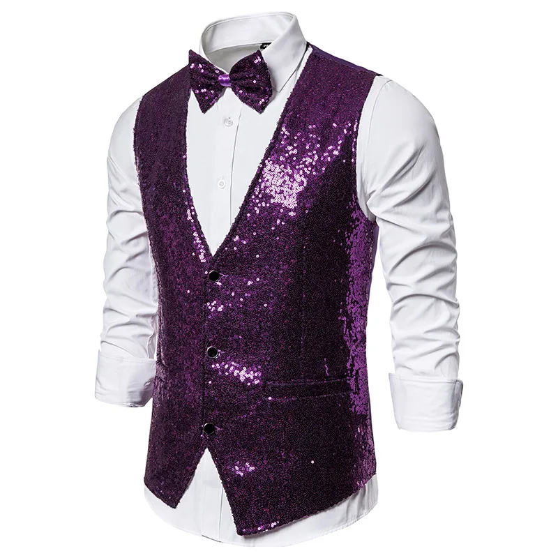 Men's Purple Sequins Suit Vest Slim Fit DJ Nightclub Sleeveless Waistcoat Men Party Wedding Tuxedo Vests Stage Singers Clothes