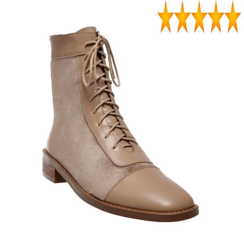 

Ankle Women Patchwork Genuine Leather Lace Up Block Heels Autumn Casual Shoes Fashion Motorcycle Boots Riding Botas Mujer