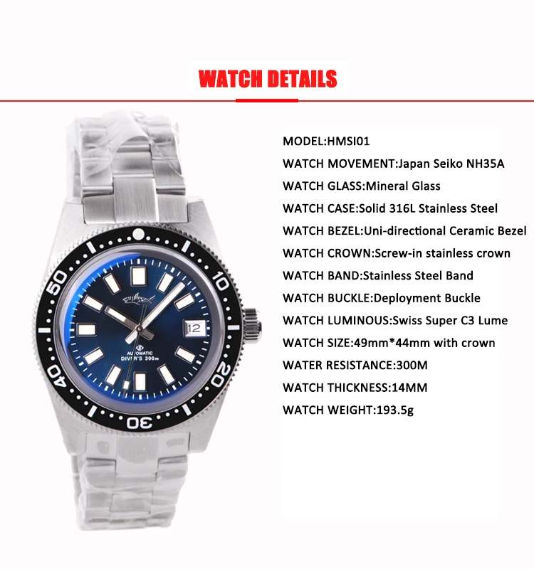 HEIMDALLR 62MAS Homage Watch 41mm NH35 Automatic Double Domed Sapphire Crystal 30Bar Waterproof C3 Super Luminous Men Dive Watch