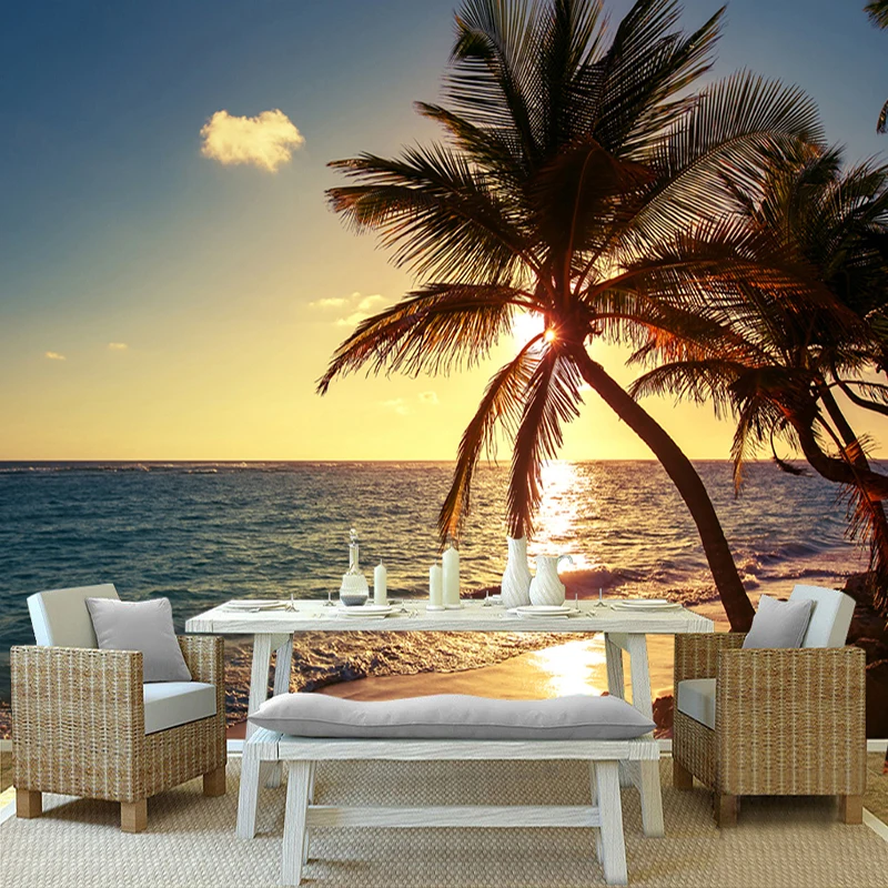 

Custom Sunrise Sunset Seaside Beach Coconut Trees Nature Landscape 3D Photo Wallpaper Mural Wall Painting Living Room Bedroom