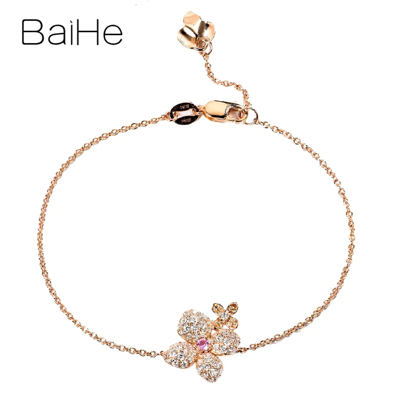 BAIHE Solid 14K Rose Gold Natural Pink Sapphire Diamond Flower Bracelet Women Gift Fine Jewelry Making Pulsera Flor צמיד פרחים