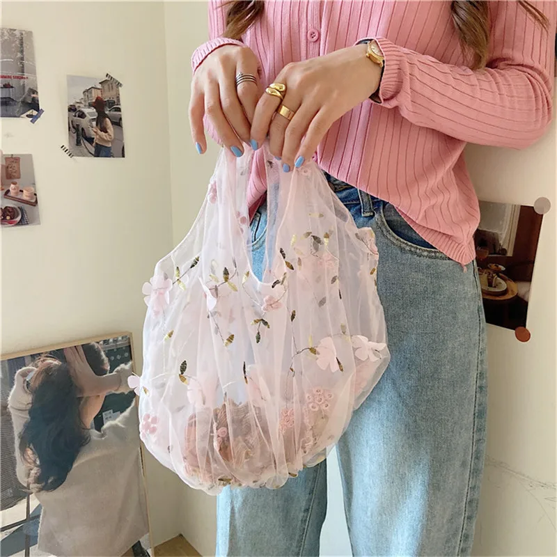 Spring Sweet Mesh Embroidered Tote Bags Female Shoulder Light Clear Shipping Bags Floral High Capacity Eco Bag Purse for Girls