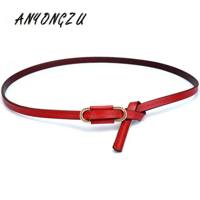 

New Retro Real Cowhide Women Belt Tie Knot Yellow Buckle Button Fashion Dress Thin Short Skirt Red Small waist band for ladies