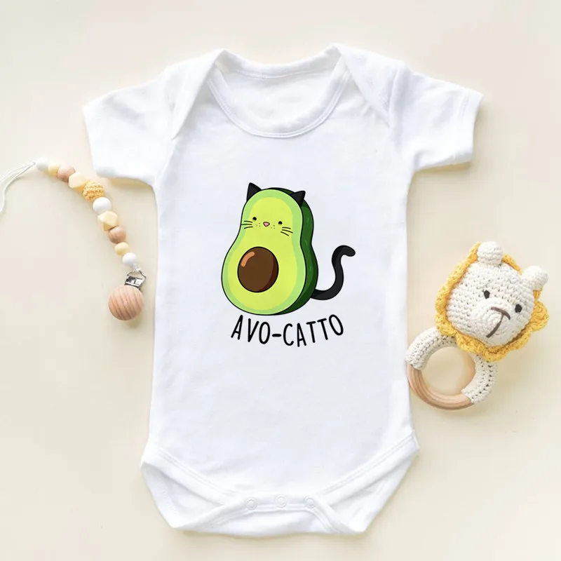 Cute Avocado Cat Vegan Funny Fruit Print Romper Infant Newborn Bodysuits Cotton Baby Jumpsuit Outfits Onesies Boys Girls Clothes