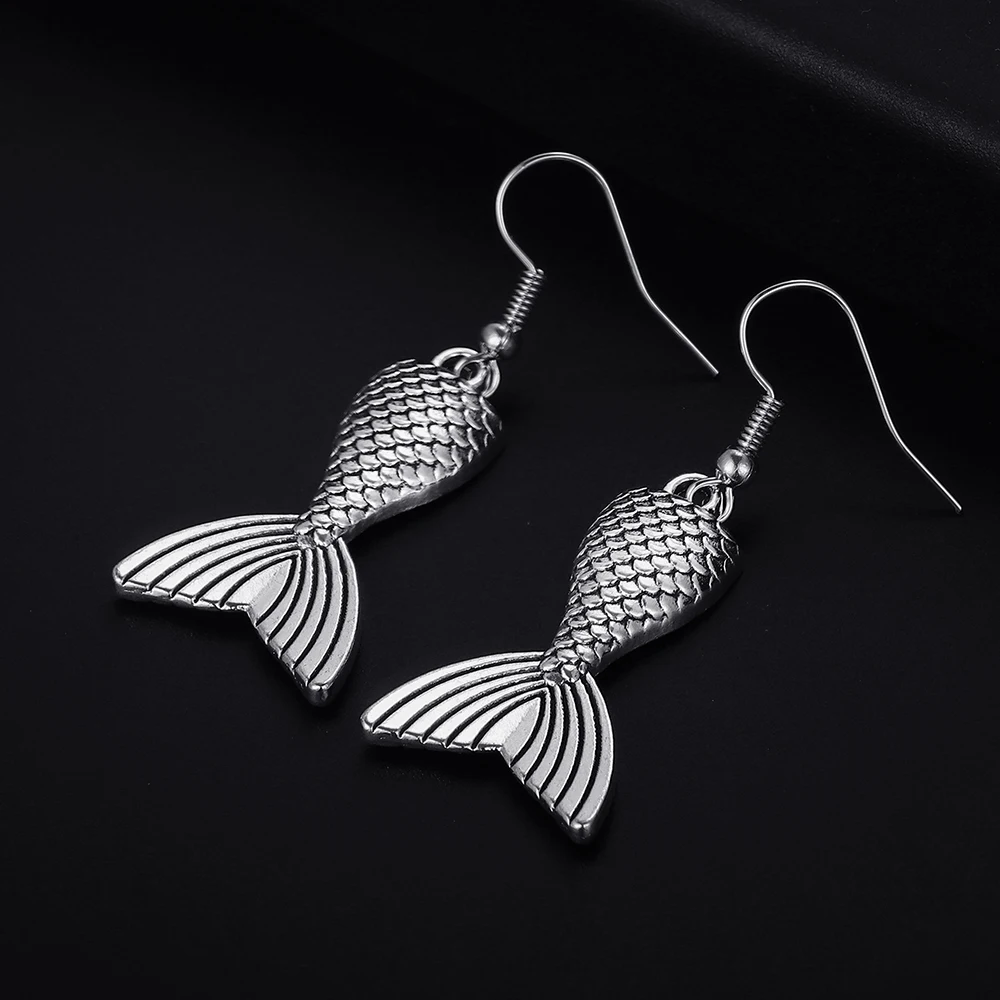 Trendy Vintage Fish Tail Shape Dangle  Antique Silver Plated Earrings for Women Girl Retro Drop Earrings Cute Earring Jewelry