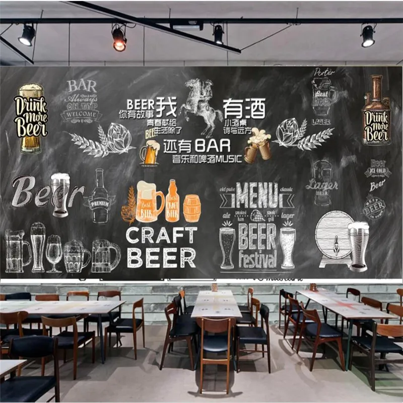 European and American Style Beer Theme Blackboard Background Wall Paper 3D Personality Bar Industrial Decor Mural Wallpaper 3D