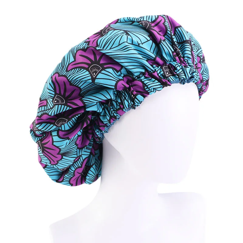 Large Satin Ankara Bonnets Elastic Lined African Head Sleep Bonnet Female Wrap Cap Print Lady Head Cover Bonnet Turban for Women