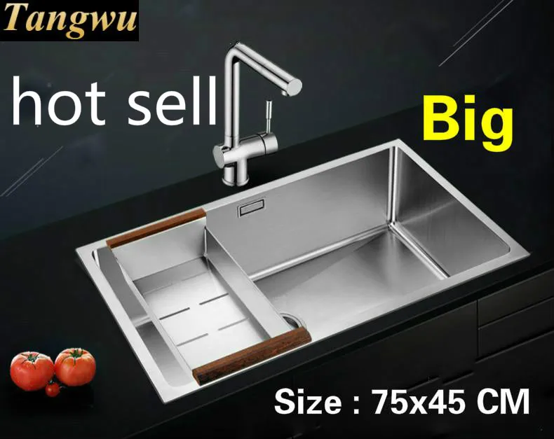 

Free shipping Household standard vogue kitchen manual sink single trough 304 stainless steel big hot sell 750x450 MM