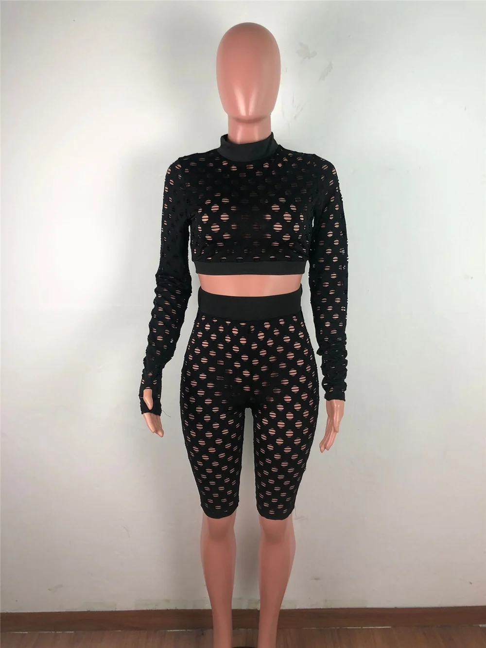 Sexy Mesh Sheer Two Piece Set Women Summer Crop Top and Short Suits Hollow Out Sporty Fitness Club Outfits Matching Sets Beach