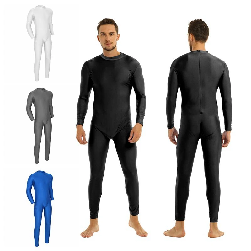 Herren einteiliger Bodysuit Reiß verschluss zurück Langarm Unitard Zentai Mock Neck Ganzkörper Jumps uit Dance wear Erwachsenen Kostüm