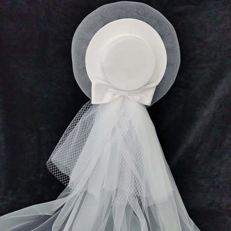 White Double-layer Satin Women\'s Top Hat With Bow Bride Sun Hat with Veils Velo de Novia Wedding Party accessoire cheveux