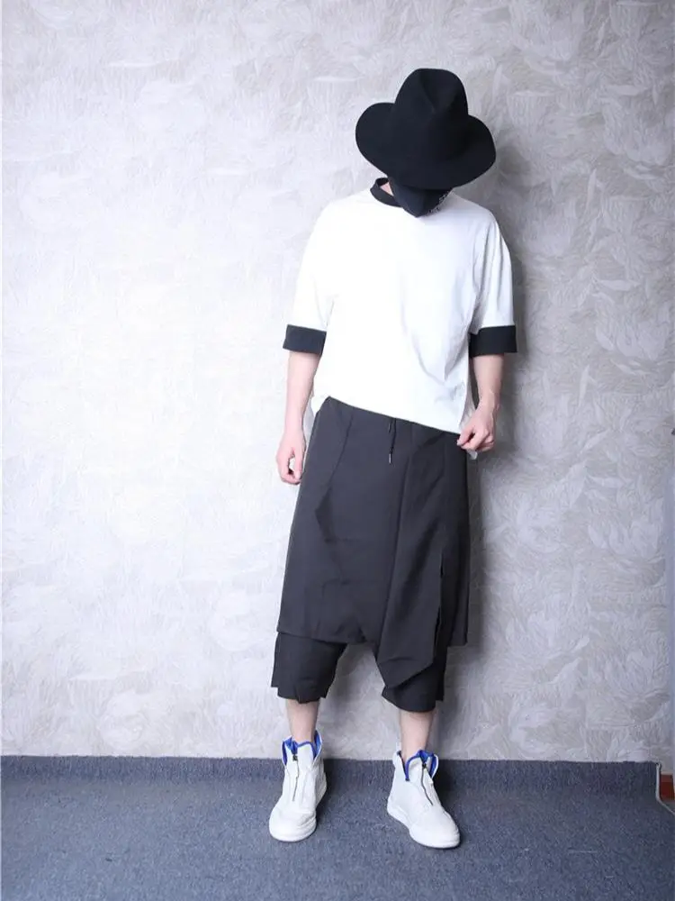 Men's Trouser Skirt Summer New Solid Color Elastic Waist Low Grade Imitation Two Layer Design Splicing Seven Minutes Culottes