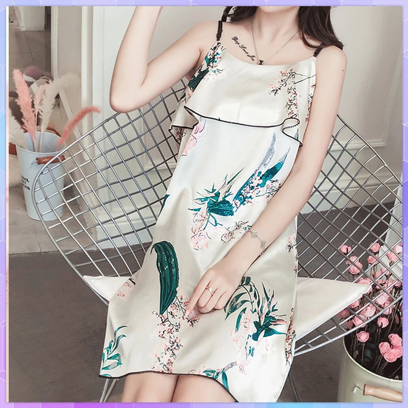 Women Cartoon Sleepwear Print Dress Ice Silk Cute Animal Nightgrown Strap Nighty Sexy Lingerie Female Summer Flowers Plants