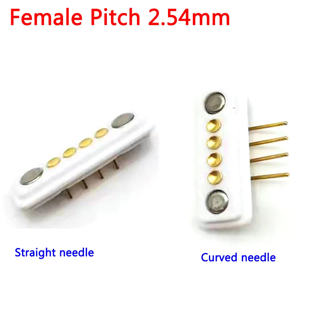 Spring Loaded Magnetic Pogo Pin 4P White 2.54 MM Pitch Vertical Curved Needle Row Through Holes Solder Female Probe Contact