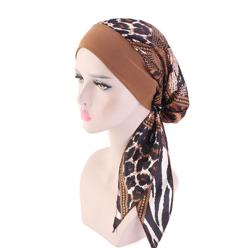 Solid Color Pre-tie Printed Turban For Women Wide Band Beanies Female Stretch Bandana Headwear Night Sleep Hats Cancer Chemo Cap