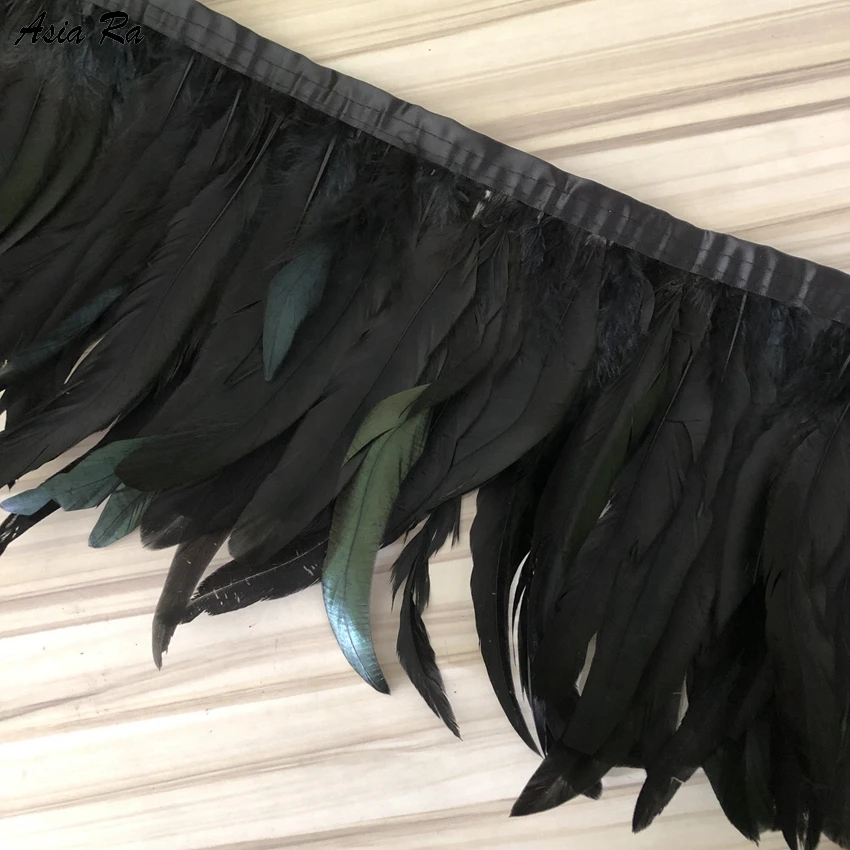 

10 Meters Black Rooster Tails feather Trims Natural Feathers Ribbon 15-20CM for Wedding Dress Decoration DIY Sewing Crafts Plume