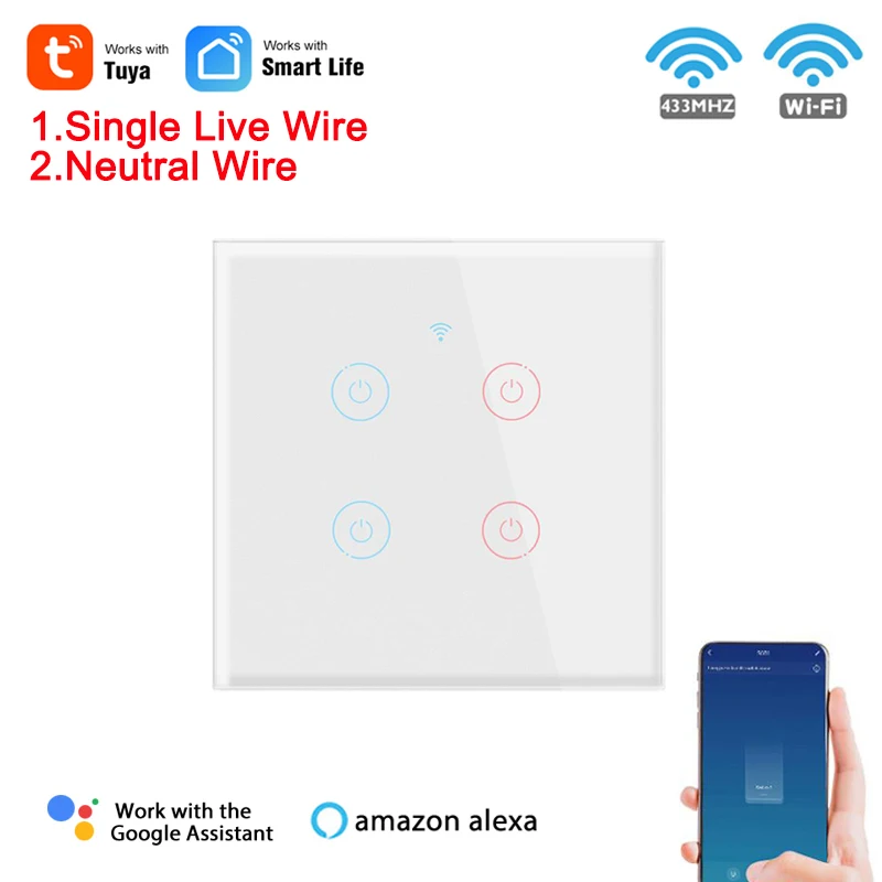 

1 2 3 4 Gang Tuya Smart Life WiFi Single Fire Live Wire Light Switch,No Neutral Line Need,Google Home Alexa RF Remote,110V 220V