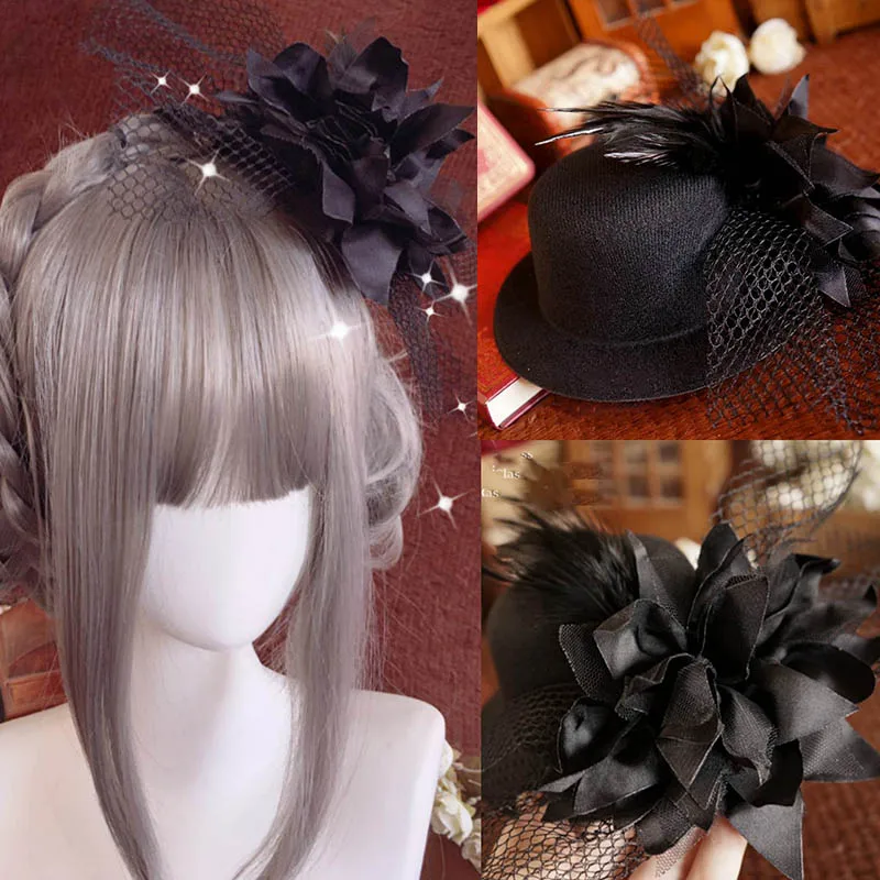 Gothic lolita headdress black flower feather small top hat hairpin side clip hair Punk accessories