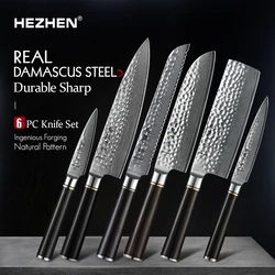 HEZHEN 6 PCS Japanese Kitchen Knives Damascus Steel Chef +Bread+Santoku+Cleaver+Utility+Paring Knives Ebony Wood Handle