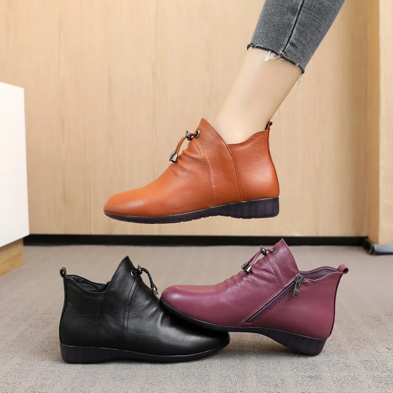 WOIZGIC Women Female Mother Ankle Genuine Leather Boots Shoes Plush Fur Warm Autumn Pointed Toe Plus Size 42 43