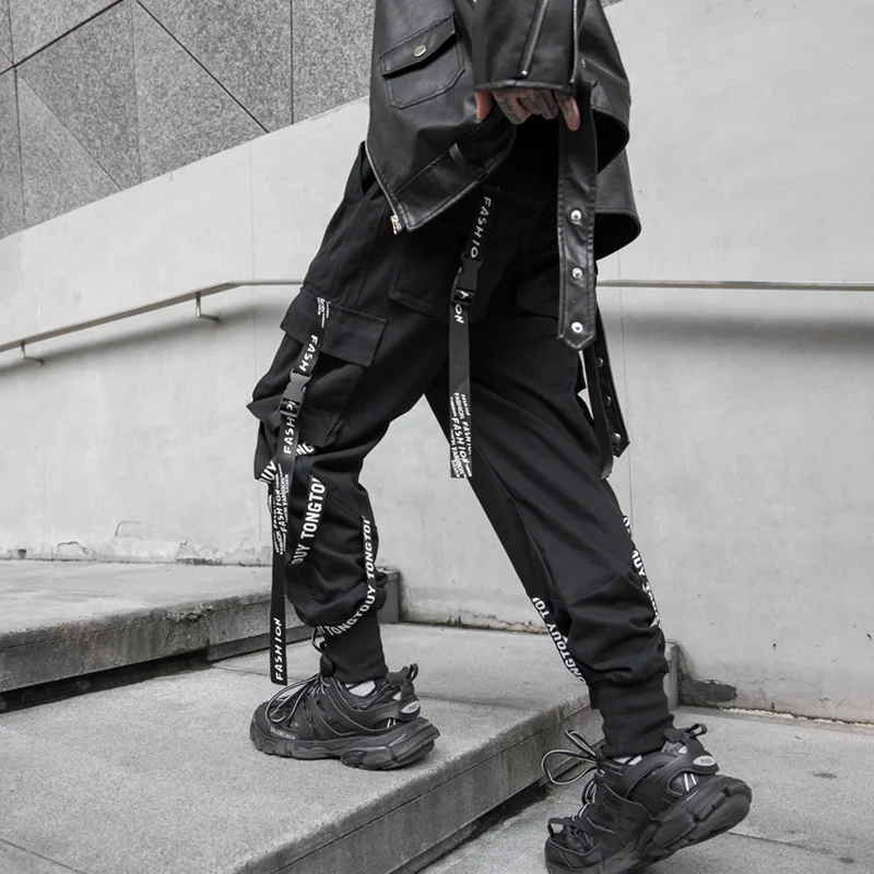 2022 Fashion Clothing Black Teachwear Cargo Pants Men Joggers Y2K Clothe Trouser Jogging Streetwear Hip Hop Gothic Ribbon Pants