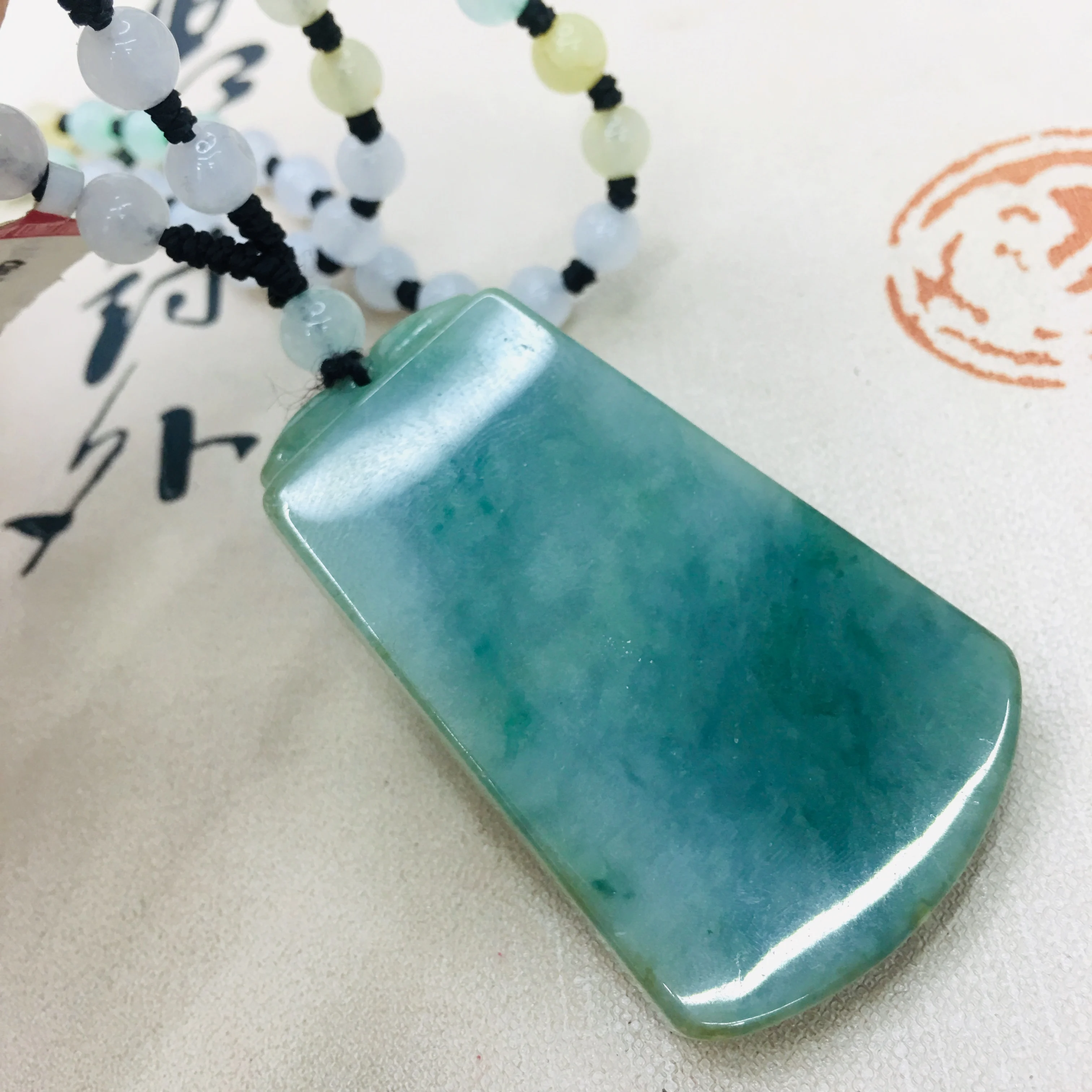 Pure natural Emerald jade pure hand-carved oil blue two-tone amulet pendant three-color jade bead necklace men and women sweater