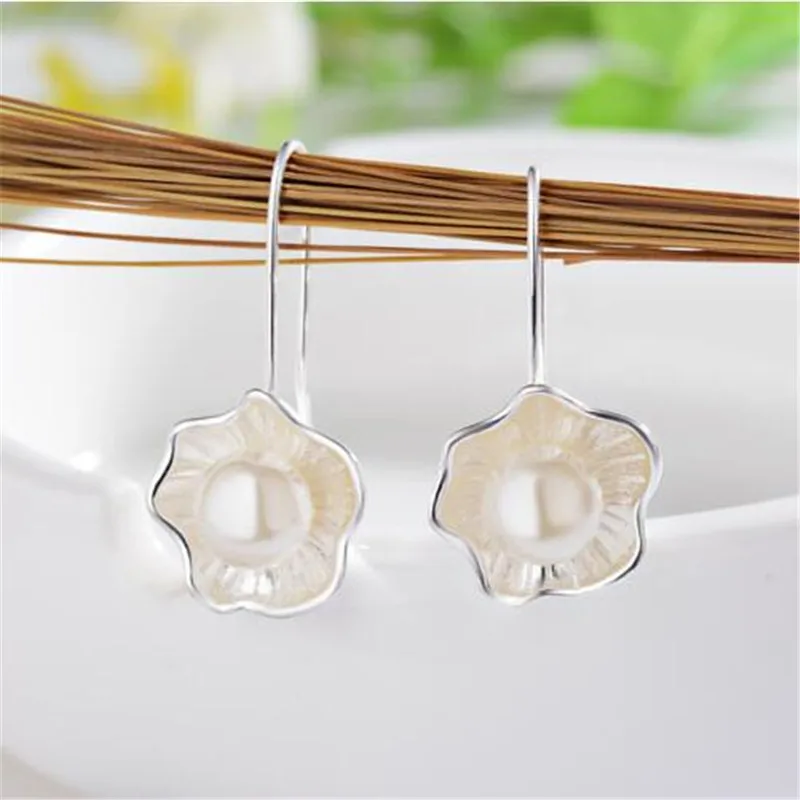 Temperament New Fashion Ethnic Style 925 Sterling Silver Jewelry Female Creative Lotus Pearl Fresh Flower Dangle Earrings  E054