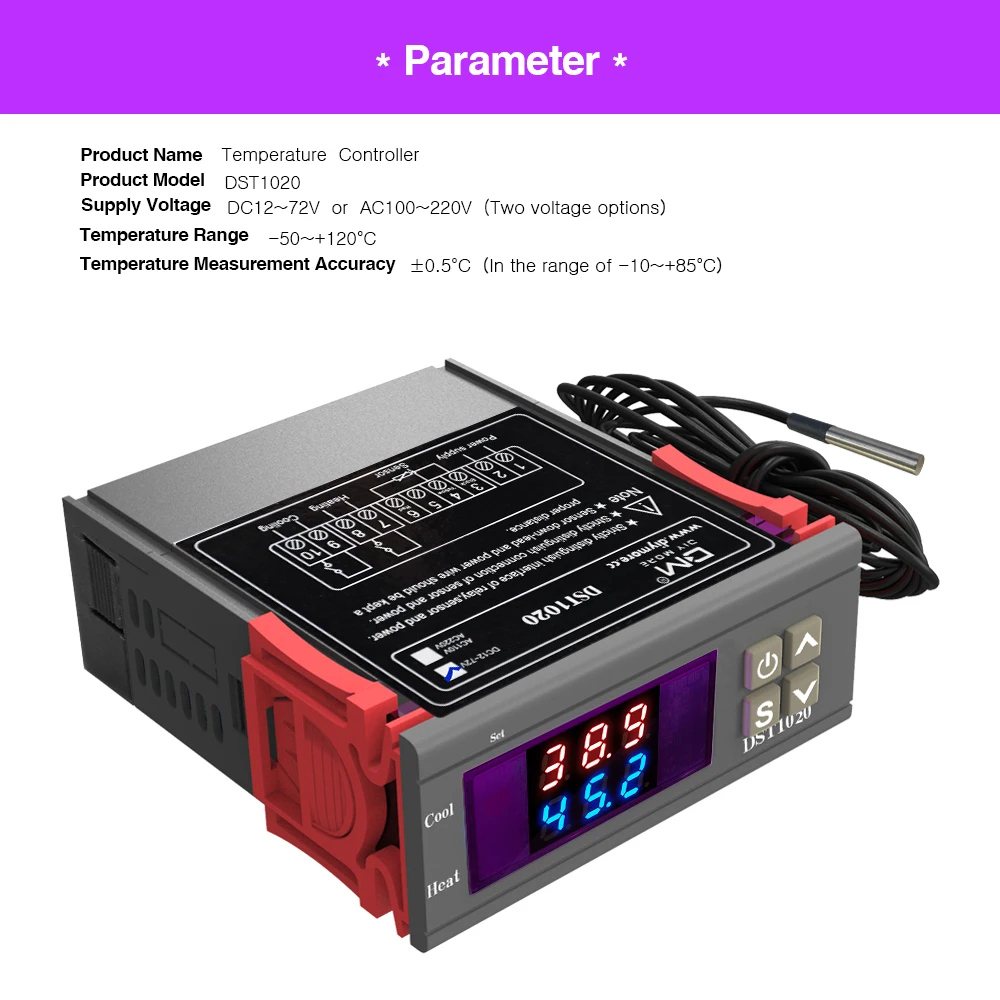 12V 24V DST1020 Dual LED Thermostat Temperature Controller Regulator High Accuracy DS18B20 Temperature Sensor Probe DC 12V-72V