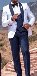 Men Suits Navy Blue and White Groom Tuxedos Shawl Lapel Groomsmen 3 Pieces Set ( Jacket + Pants + Vest + Bow Tie ) D407