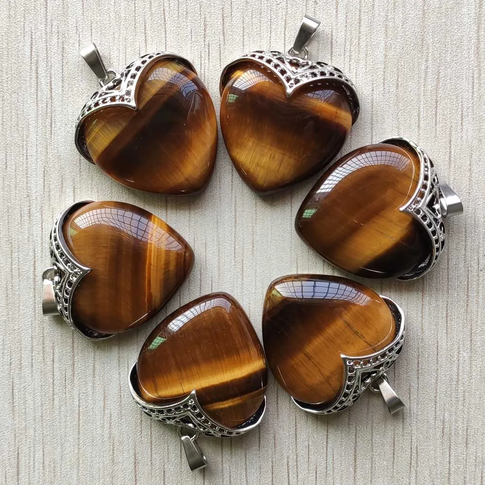 wholesale 6pcs/lot 2021 New good quality natural tiger eye stone and alloy heart shape pendants for jewelry making free shipping