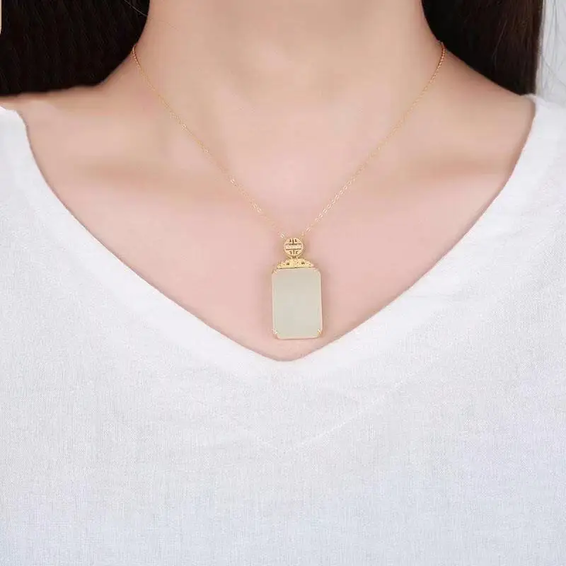 Original and new ancient gold craftsmanship inlaid rectangular Hetian jade pendant necklace elegant and generous ladies jewelry