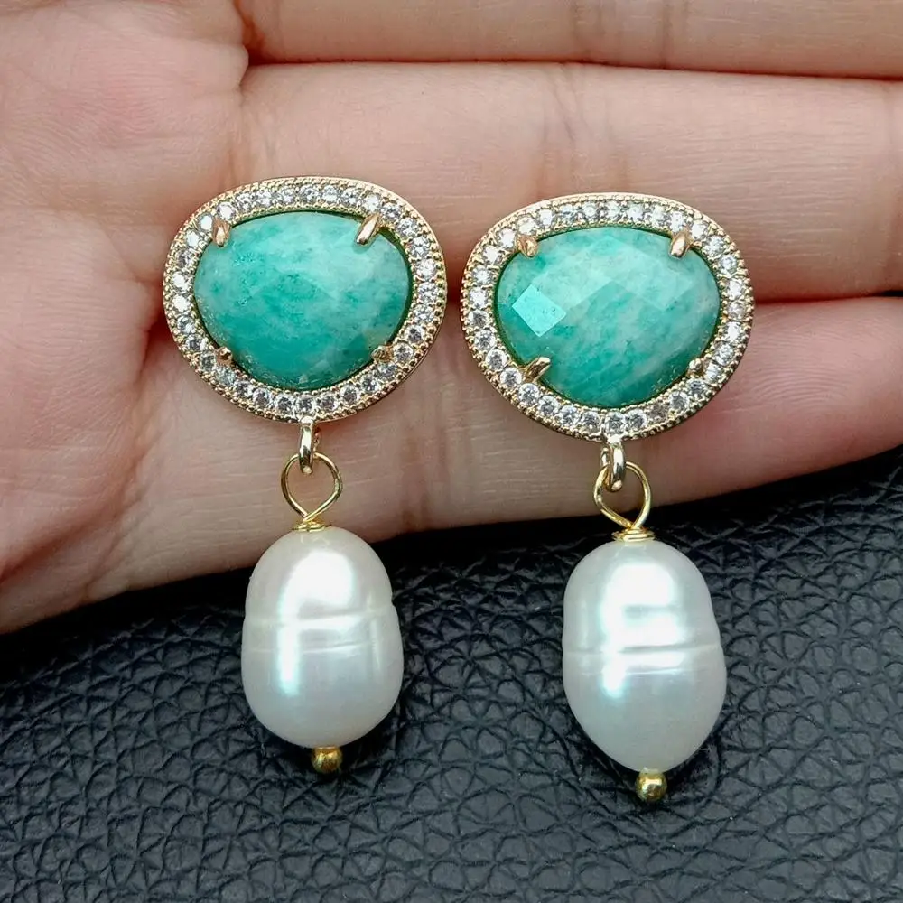 natural White Rice freshwater Pearl natural Green stone Cz mirco Pave Stud Earrings push back  Earrings Party Jewelry Gift