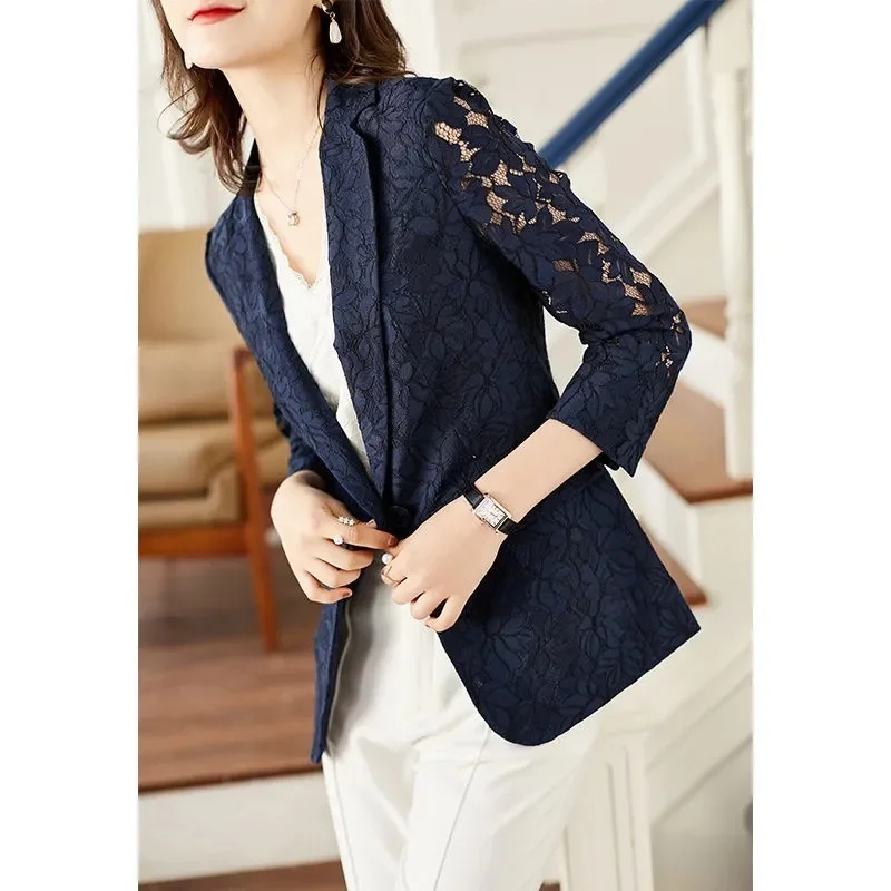 Size 6XL Lace Suit Jacket Female 2021 Autumn And Summer Temperament Sunscreen Hollow Blue Ladies Blazer Women Tops Elegant