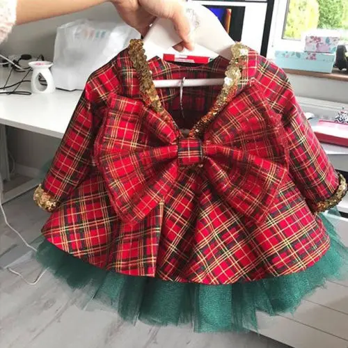 2pcs/set Plaid Christmas Dress For Girl Princess Kid Baby Girl Tulle Tutu Dresses Xmas New Year Red Party Dresses Girls Clothing