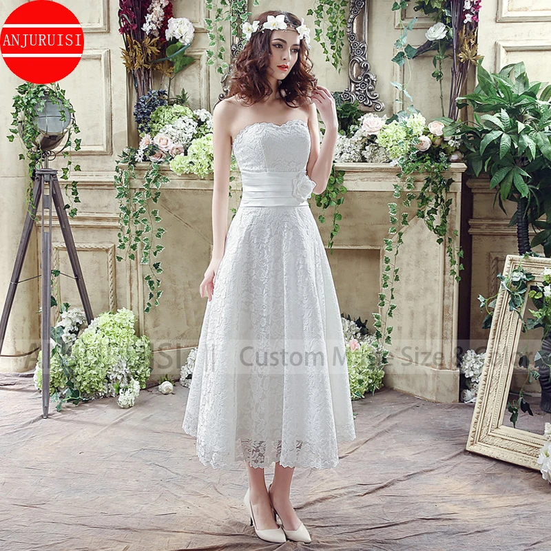 Superb France Lace Short Wedding Dresses Boho 2021 Vestidos De Novia Summer Bridal Gown With Flower Robe Mariage Boda Trouwjurk