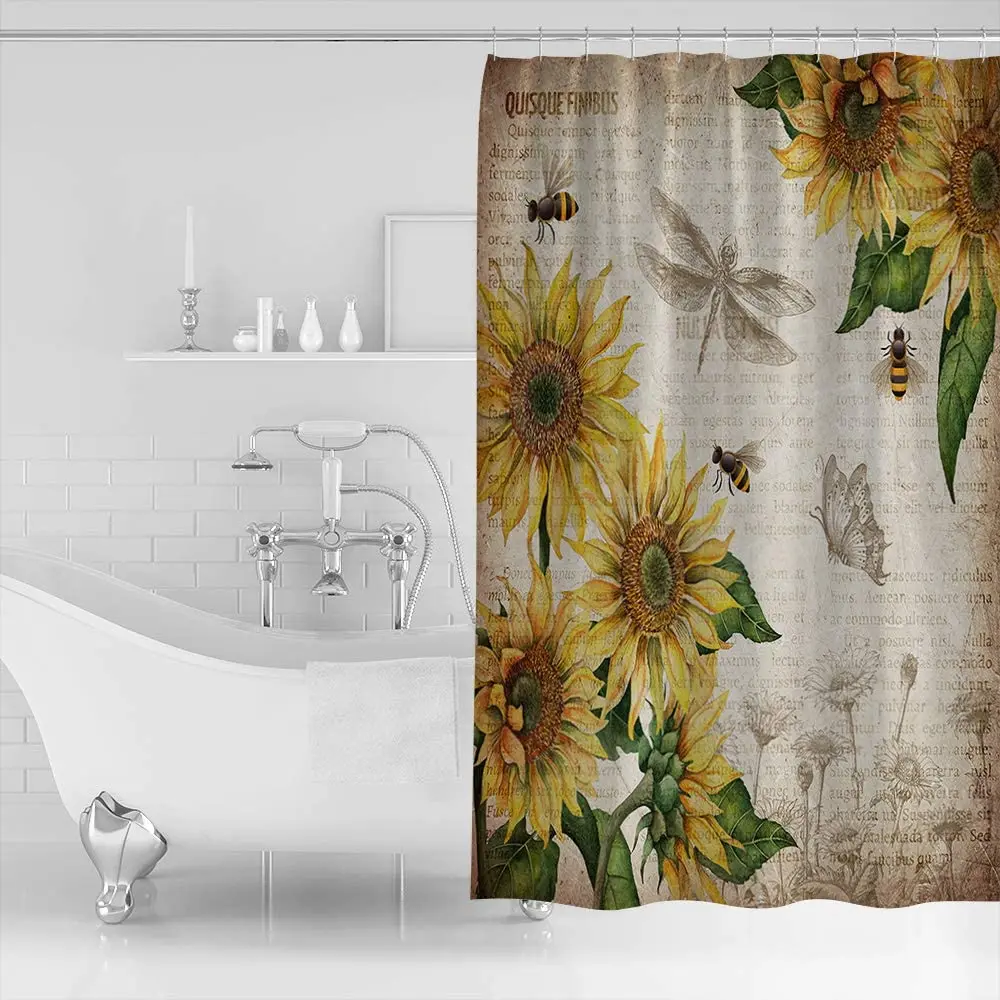 Bathroom Waterproof Retro Farmhouse Sunflowers and Honey Bee Vintage Bath Curtain