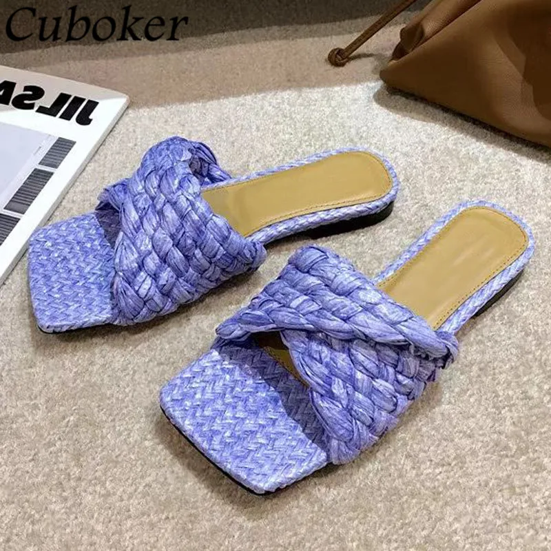 Designer Women Flat Slippers Braid Fold Square Toe Mules Platform Summer Slides Runway Vacation Beach 2021 Causal Sandals Woman