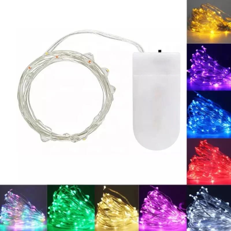 Guirnalda de luces LED de alambre de plata, 2M, 20 LED, decoración para Navidad, boda, Fiesta en casa, alimentada por batería CR2032