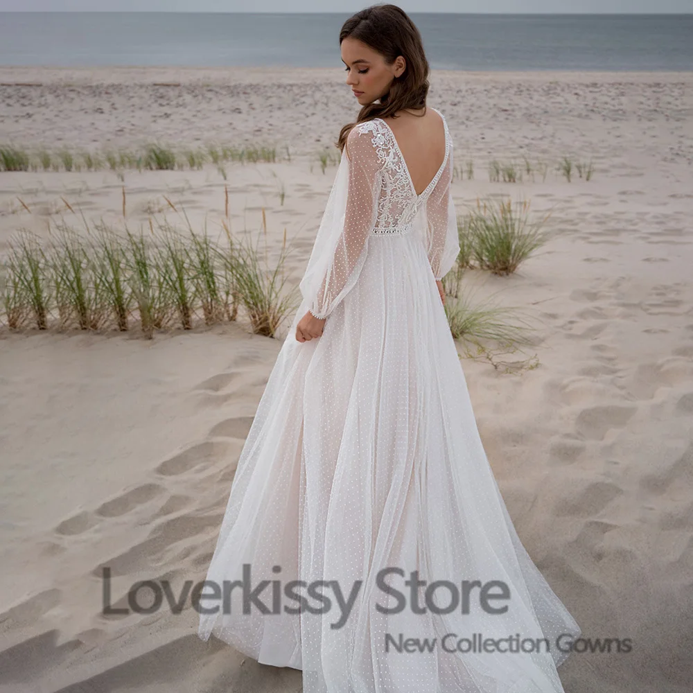 Loverkissa – robe de mariée en Tulle, tenue de plage romantique, à pois, avec fente, manches longues, col en v, style Boho, Vintage, 2022