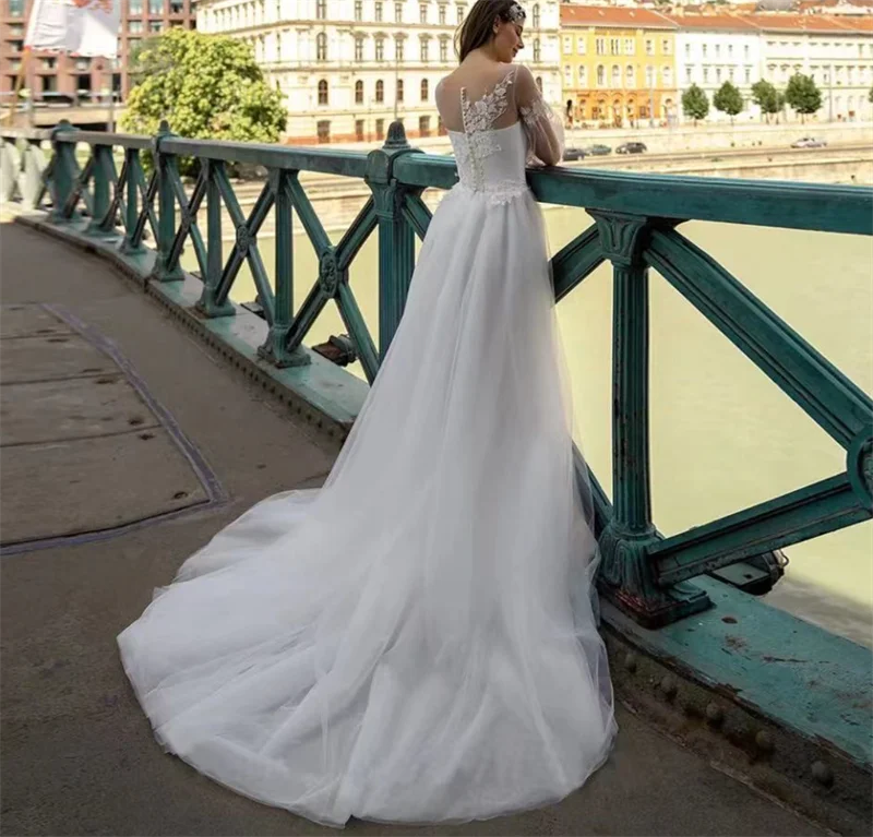 A-Line aplikacje suknie ślubne w stylu Boho bufiaste rękawy Sweep Train Sexy wysokie rozcięcie Boho Bride suknie Vestidos De Novia robe mariée