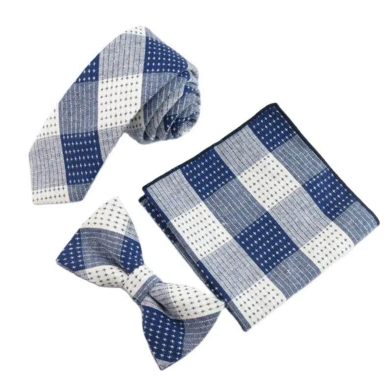 Men's navy white Plaid Ties s Bowtie 100% cotton Tie star poin Handkerchief Accessories For Men fashion meeting Party Gravata